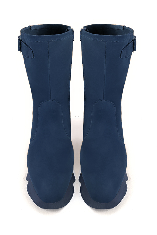 Navy blue women's ankle boots with a zip on the inside. Round toe. Low rubber soles. Top view - Florence KOOIJMAN